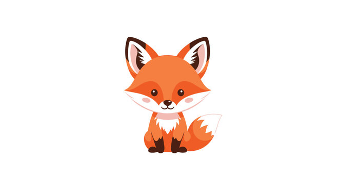 Tiny orange fox cub with large ears and a white-tipped tail sits patiently on a clean white background in a cute style.