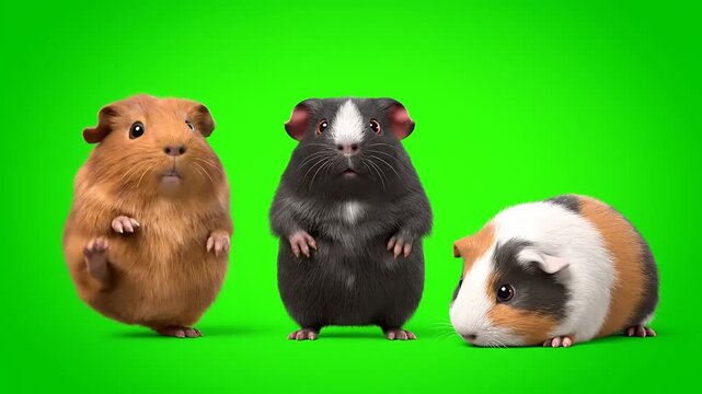 Three adorable guinea pigs standing on a green screen background, with one looking curious and the other two looking forward