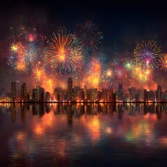 Fototapeta premium Spectacular Fireworks Show Over City Skyline High Resolution Picture