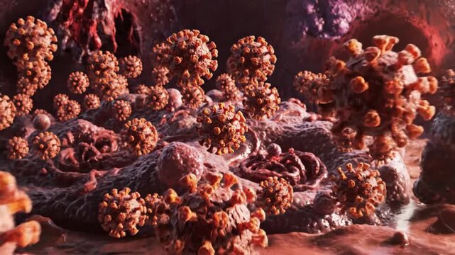Microscopic 3D illustration of the mpox variant virus pathogen causing a global monkeypox outbreak and viral disease pandemic health emergency background with infectious cellular organisms.