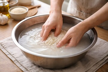 Fototapeta premium Washing rice by hand in a kitchen bowl 