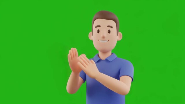 3d animation adult mand give applause by clapping hand with smiling face isolated on green screen background