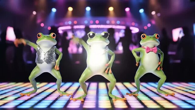 Three dancing frogs with sparkly outfits and bow ties on a disco dance floor