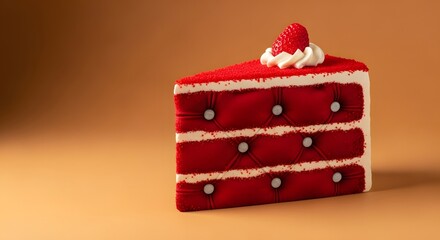 Luxury Red Velvet Concept of an Upholstered Textile Cake Slice, Surreal Tufted Red Velvet Fabric Dessert with Button Detailing
