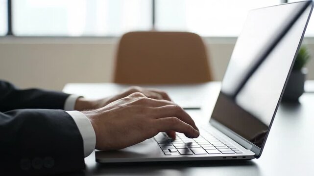 Close Up Of Business Hands Typing On Laptop In Modern Office, Professional Corporate Remote Work Productivity 4k