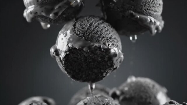 Black sesame ice cream scoops floating in dark monochromatic studio.