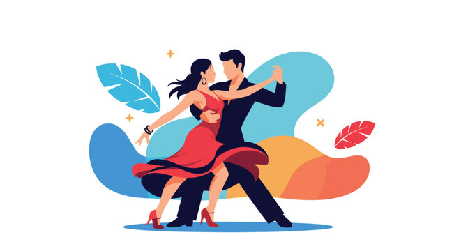 Elegant couple in formal attire performs a passionate dance move against a colorful background with abstract shapes and feathers.