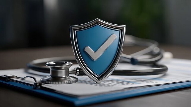 Shield with Checkmark Symbol on Medical Documents Representing Health and Safety Assurance
