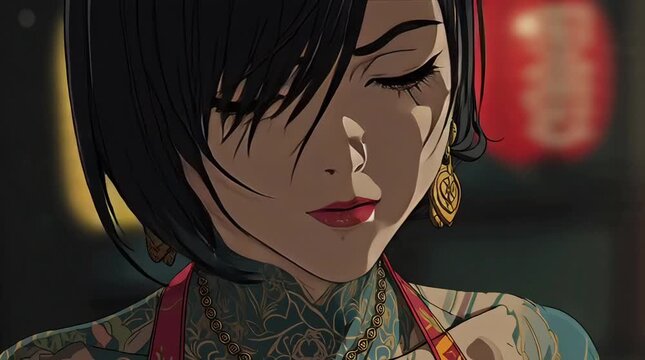 Animation of Big Chest Anime Yakuza Woman with Traditional Japanese Tattoos in Dark Urban Style