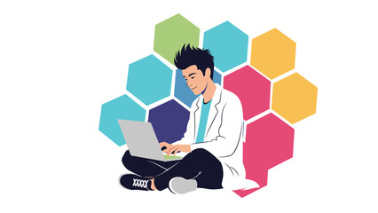 Focused male scientist sitting on the floor using a laptop computer against a colorful backdrop of hexagonal shapes.