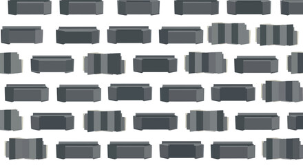 Abstract pattern of repeating grey sofa icons in isometric view, flat design.
