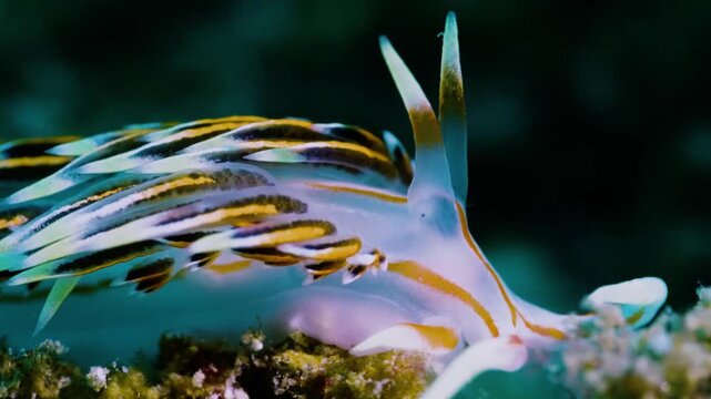 Elegant and healing macro shot of Caloria indica nudibranch with colorful stripes, graceful sea slug crawling in tropical reef