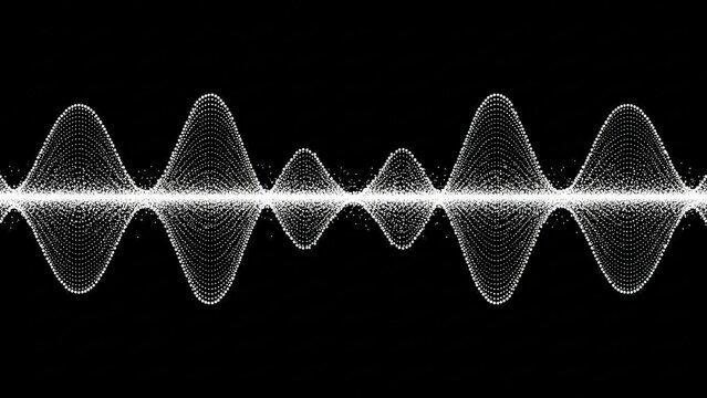A complex white waveform displaying amplitude and frequency variations against a stark black background, representing sound or signal modulation.
