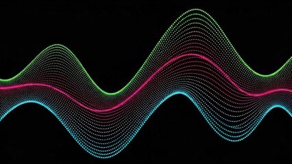 Fototapeta premium Abstract neon wavy lines glowing in vibrant colors against a dark background, resembling sound waves or digital data visualization.
