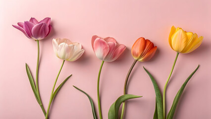 Tulip flowers arrangement on soft pink background