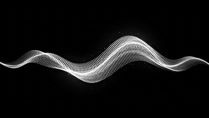 Fototapeta premium Abstract glowing white wavy particle stream on a dark background, representing data flow or sound visualization.
