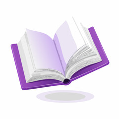 Open paper book with purple hardcover flying in air in different angles of rotation