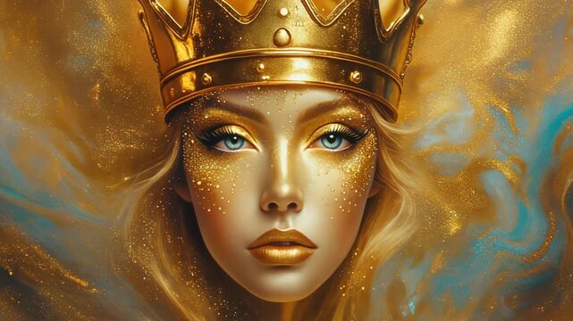 Golden Queen Portrait with Glittering Makeup and Crown against an Abstract Background