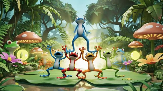 Colorful Frogs Dancing in a Lush Jungle Environment.