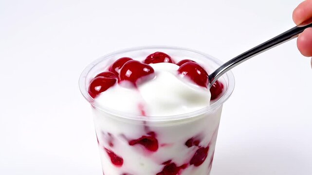 Delicious cherry yogurt parfait being scooped with a spoon on a white background