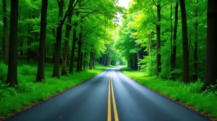Asphalt road winding through a lush green forest canopy, sunlight dappling the leaves, creating a scenic pathway