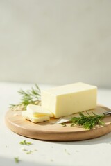 A block of creamy dairy product, sliced and presented on a rustic wooden board, garnished with fresh herbs, bathed in soft sunlight