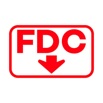 Red and white FDC fire safety sign with downward arrow indicating Fire Department Connection location for emergency response.