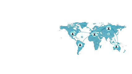 Fototapeta premium グローバルチームの連携と遠隔コミュニケーションのフラットデザインイラスト。世界地図、DX推進、ネットワーク、信頼の繋がり。左側に広いコピースペース。