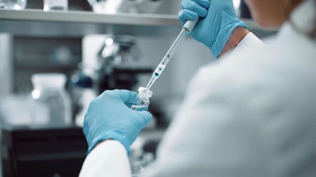 Gender-neutral hands in light blue nitrile gloves meticulously perform a high-precision scientific task in a pristine modern laboratory with creamy bokeh. Healthcare innovation concept