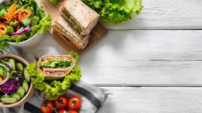 Elegant photo of Healthy lunch spread with fresh salads, sandwiches, and tomatoes on a white wooden table .Made Genarative AI