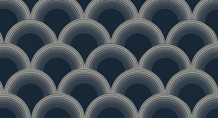 Art Deco inspired geometric scallop pattern in shades of grey on a dark blue background