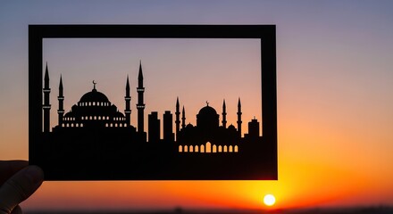 Silhouette of a mosque against a sunset ramadan kareem islamic eid mubarak background download 2026 2027