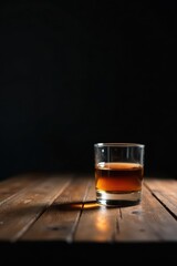 A single rocks glass of amber liquid rests on a rustic wooden surface, bathed in subtle light against a dark background