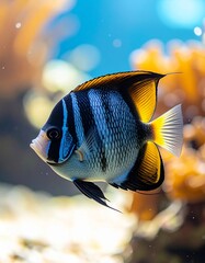 Angelfish moving gently through still water,_soft shadows and subtle highlights