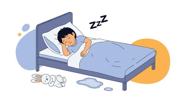 Young boy sleeping soundly in his bed while a wet puddle on the floor suggests a bedwetting incident during the night.