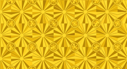 Fototapeta premium Geometric golden pattern with starburst and circle motifs, repeating design, vector art.