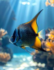 Angelfish moving gently through still water,_soft shadows and subtle highlights