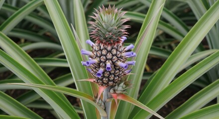 Close Up Of A Young Pineapple Plant Showing Purple Flowers And Green Leaves In Natural Sunlight