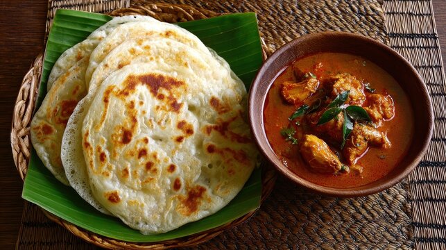 Elegant photo of Traditional South Indian Malabar parotta served with spicy chicken curry on a banana leaf and woven mat. .Made Genarative AI