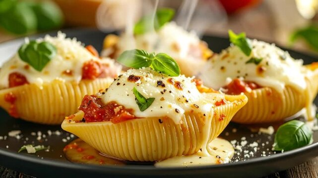 Delicious stuffed pasta shells with tomato sauce, cheese, and fresh basil, a culinary delight.