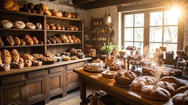 A rustic bakery interior filled with various types of freshly baked bread and pastries, ready for sale.