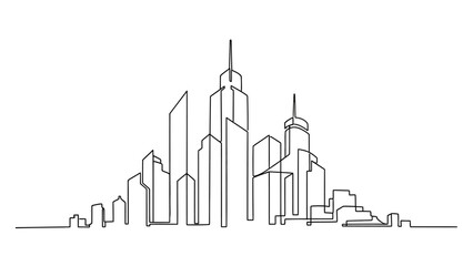 Obraz premium A continuous line drawing of a city skyline with tall skyscrapers and buildings in a modern urban landscape viewed from a distance