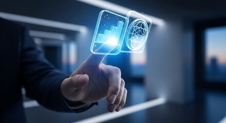 Businessman's hand touches holographic projection displaying global finance statistics and rising performance charts.