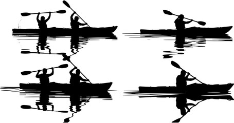 Silhouette of People Paddling Tandem and Solo Kayaks on Calm Water with Reflections, Perfect for Summer Outdoor Adventure and Tourism. © Shopna