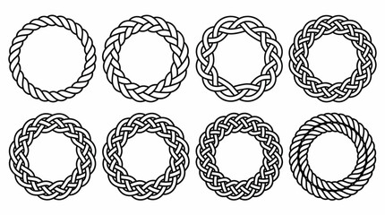 Eight braided rope ring patterns: circular rope wreaths in detailed black-and-white line art for design and decor © SAI CREATIVE