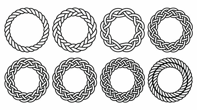 Eight braided rope ring patterns: circular rope wreaths in detailed black-and-white line art for design and decor