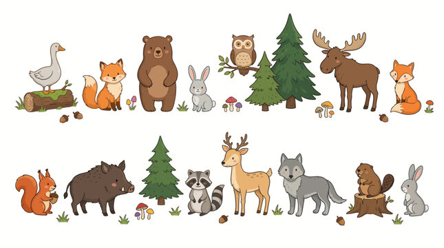 Whimsical row of woodland animals in a playful cartoon forest scene featuring goose, fox, bear, rabbit, deer and moose