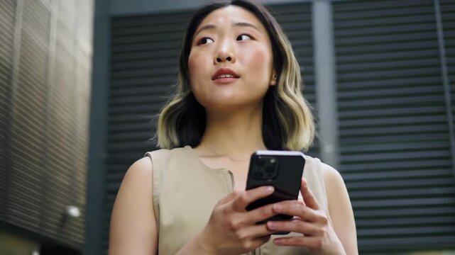Young woman in modern urban attire confidently stands with an electric scooter, engrossed in a smartphone against a minimalist grey architectural wall. Golden hour lens flare adds warmth to this