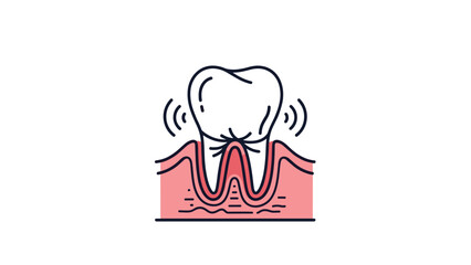 Obraz premium Anatomical diagram of a white tooth shaking and vibrating within inflamed red gums indicating dental pain or gum disease.