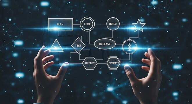 Hands holding glowing digital flowchart of software development lifecycle against a dark background of technology.